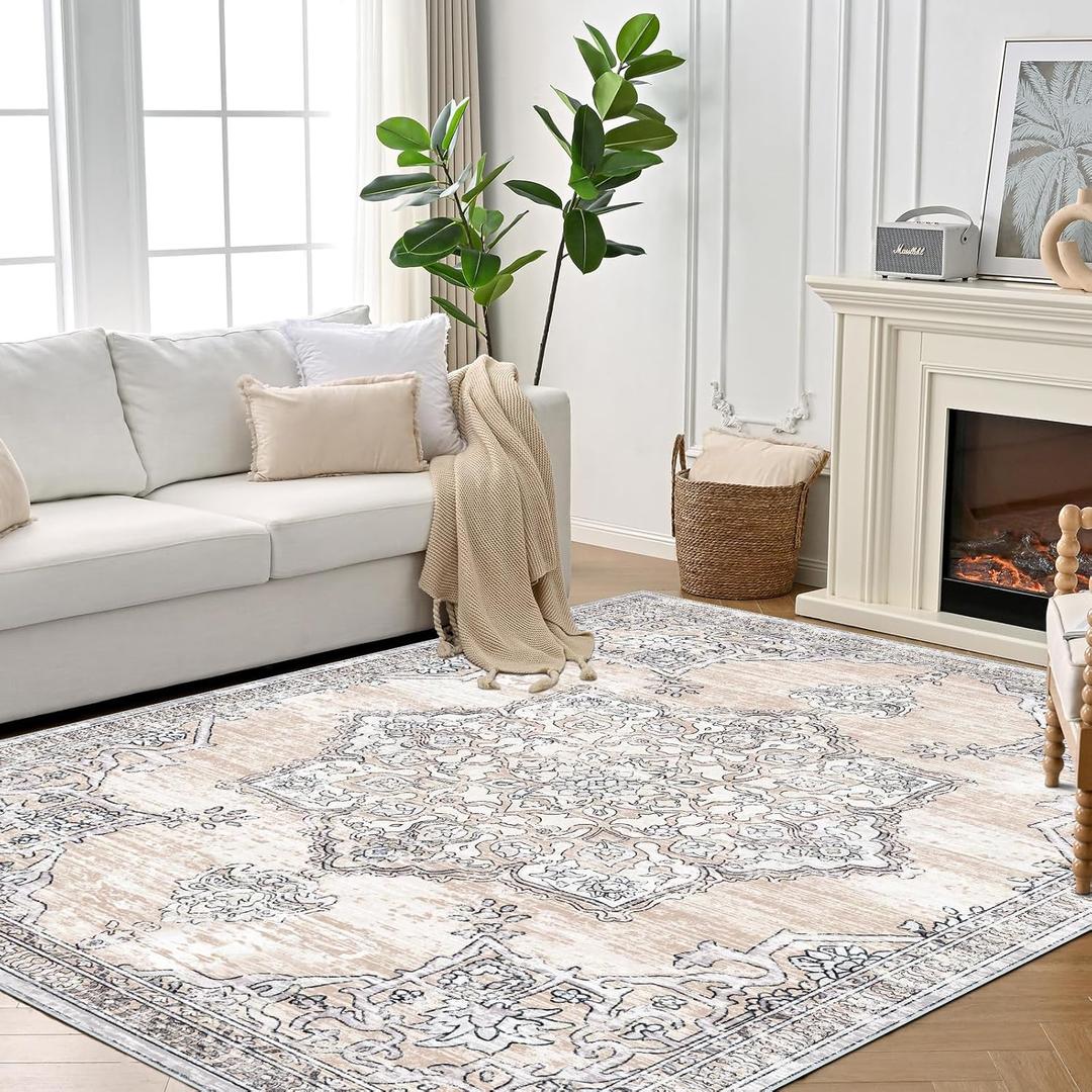 9x12 Area Rugs for Living Room, Washable Large Area Rugs Non-Slip and Non-Shedding, Boho & Vintage Area Rug for Bedroom, Kitchen, Dining Room (Beige/Multi 9'x12')
