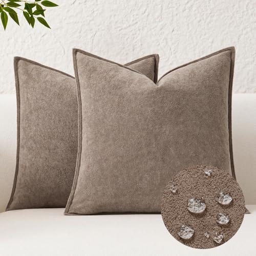 Kevin Textile Waterproof Decorative Pillow Covers Taupe 18x18 Inch Pack of 2 Soft Boucle Textured Throw Pillowcases Elegant Accent Pillows for Couch Sofa Chair Bed Home Decor Indoor Outdoor