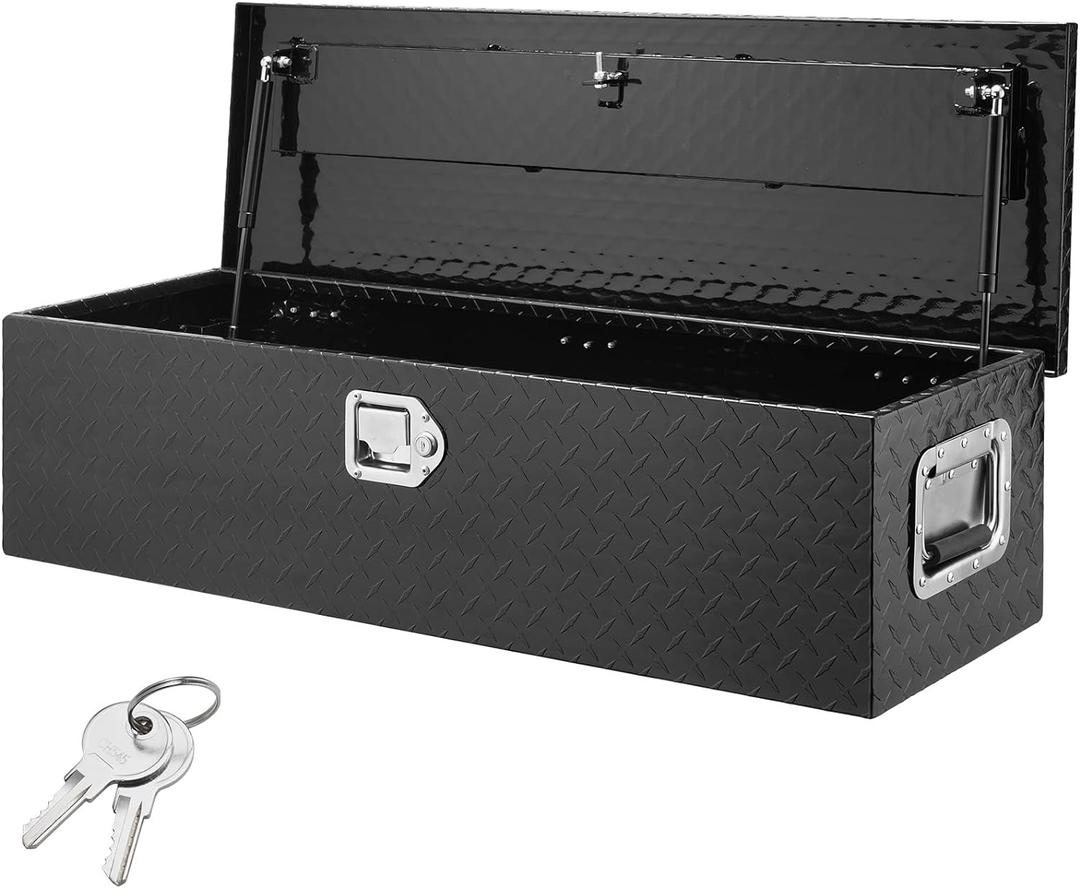 VEVOR Heavy Duty Aluminum Truck Bed Tool Box, Diamond Plate Tool Box with Side Handle and Lock Keys, Storage Tool Box Chest Box Organizer for Pickup, Truck Bed, RV, Trailer, 39"x13"x10", Black