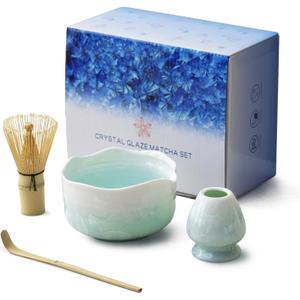 Natural Crystal Flower Matcha Set - 4 Pcs Food Grade Matcha Kit with Spouted Bowl, Matcha Whisk, Scoop and Chasen Holder - Matcha Tea Ceremony Gift for Matcha Lovers (Pine Shadow)