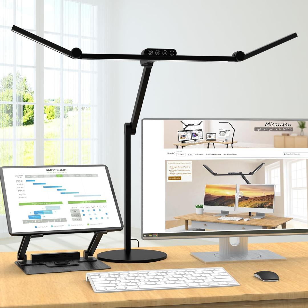 Micomlan Architect Desk Lamp with Atmosphere Lighting, Adjustable Led Desk Light for Home Office with Base, 24W Bright Auto Dimming Table Light with Rotatable Swing Arm for Workbench Computer (Black)