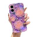 XIZYO Case for iPhone 16, Colorful Retro Oil Painting Flower Cute Floral Aesthetic Curly Wave Frame Laser Glossy Reflective Exquisite Stylish Protective Cover Women Girls-Peony Flower/Purple
