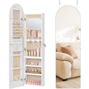 SONGMICS Wide Jewelry Organizer, LED Jewelry Cabinet Wall/Door Mounted, Arched Mirror with Storage, Lockable, Rounded Corner, Interior Mirror, 3.9 x 16.5 x 55.1 Inches, Cloud White UJJC040WB01