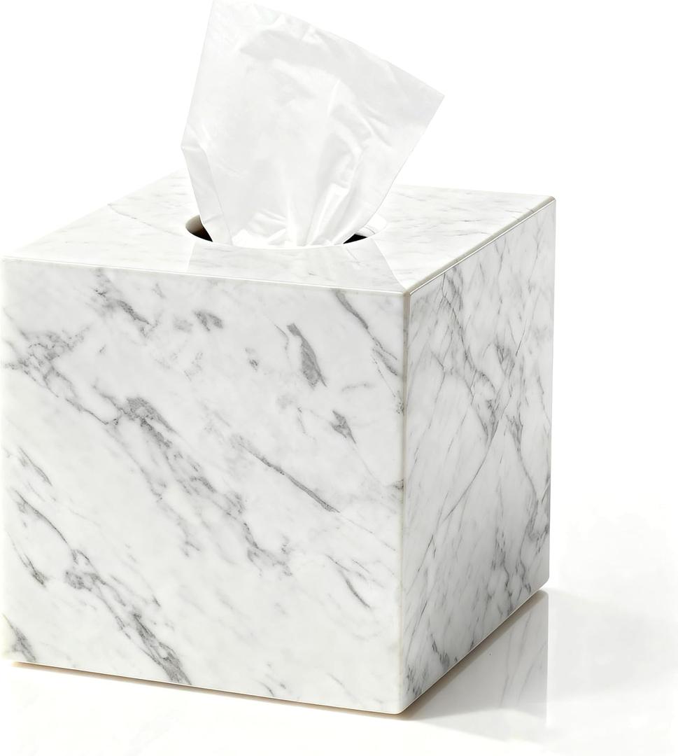 Natural Marble Tissue Box Holder Cover, Square Cube Tissue Box Holder with Open Bottom for Bathroom Vanity Tops, Bedroom Dressers, Kitchen Countertop, White Tissue Box(NS021)