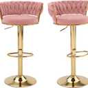 VECELO Bar Stools Set of 2, Adjustable Barstools Counter Height Stools with Back and Arm, Velvet Woven Kitchen Island Stools w/Gold Metal Leg Base, 360 Swivel Bar Chair, Pink