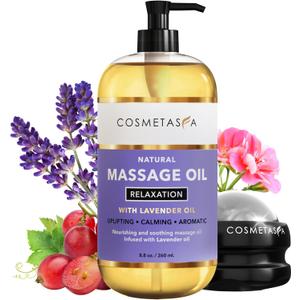 Cosmetasa Lavender Massage Oil for Massage Therapy with Roller - All Natural, Cruelty-Free & Spa Quality Skin Therapy Oil & Soothing Care - Lavender, Geranium & Grapeseed Oil (8.8 oz)