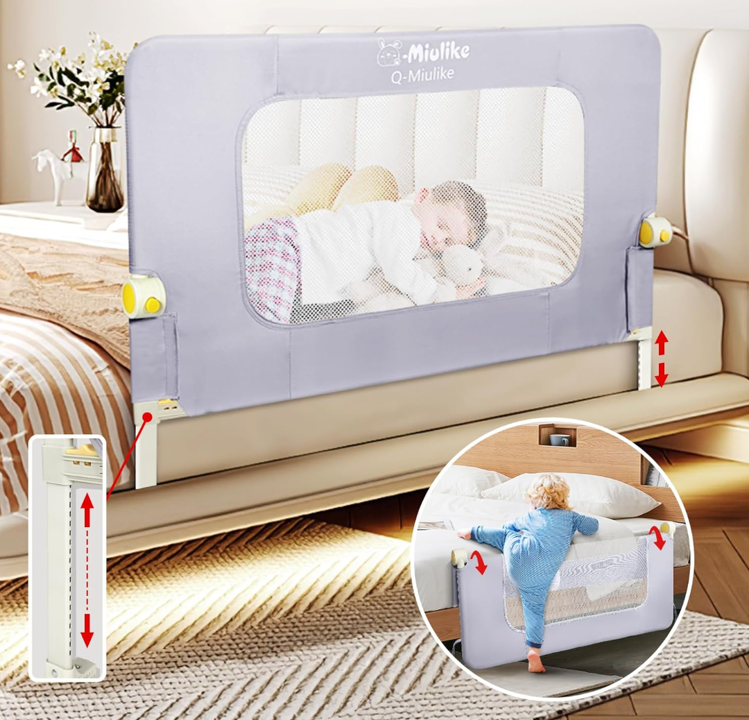 Q-MIULIKE Baby Bed Rail for Toddlers Smooth Flip-Down Crib Guard Rail Safety Rail Guards for 14 Height Adjustable, Toddlers Bed Rails for Full King Queen Twin Bed for 47'', 1 Piece