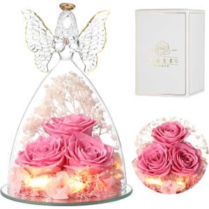 Ocosy Mothers Day Rose Gifts for her, Large Angel Rose Gifts for Women, Forever Real Roses in Angel Figurines, Angel Guardian with Roses Flower, Sweet Pink
