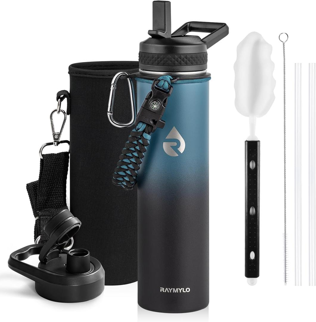 RAYMYLO Insulated Water Bottle 24oz, Triple Wall Vacuum Stainless Steel (Cold for 24Hrs, Hot for 12Hrs), Leak Proof & Non-BPA, 24oz Hydro Water Flask with Paracord Handle & Straw Spout Lids (Indigo/Black)
