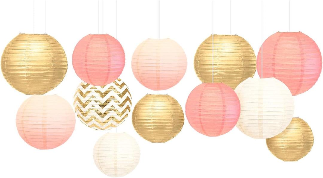 AOBKIAT Pink Birthday Party Decorations for Women Girls,12 Pcs Gold Hanging Paper Lantern for Wedding Engagement Bridal Baby Shower Bachelorette Party Supplies