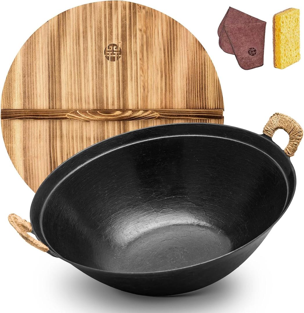 WANGYUANJI Cast Iron Wok Pan 14.9 inch Large SUGUO Wok Stir Fry Pan Flat Bottom with Dual Handle and Wooden Lid, Suitable for All Cooktops, Uncoated Chinese Traditional wok