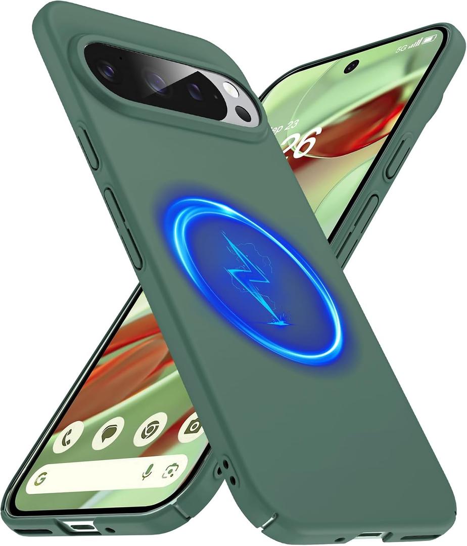Magnetic Slim Case Fit for Google Pixel 9 Pro/9 [Compatible with Magsafe] Ultra-Thin Lightweight Durable Minimalist Matte Hard Cover Case Shockproof Non Slip Ring-Dark Green