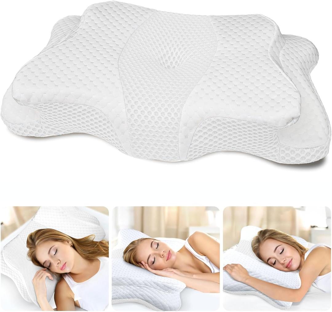 CHxxy Memory Foam Pillows, Cervical Pillow for Neck and Shoulder Pain Relief, Ergonomic Contour Bed Pillow, Soft for Side Sleep Stomach Sleeping and Back Sleeper-Queen Size&White