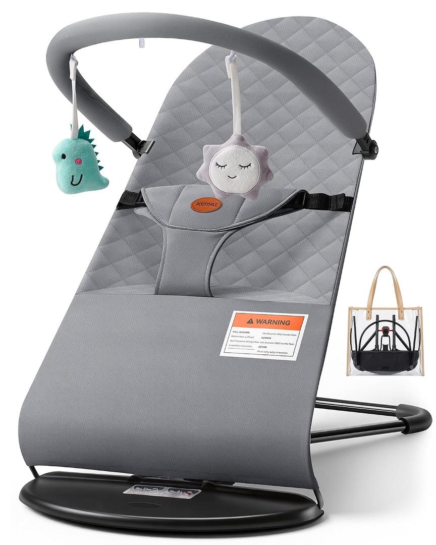 Baby Bouncer, Portable Baby Bouncer Seat, 3-Position Recline Infant Bouncy Seat for Babies 0-18 Months, Ergonomic Bouncy Chair with Hanging Toys, Bio-Inspired Fabric, Rocker & Stationary Modes Grey