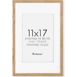 Fun Memories 11x17 Picture Frame, Solid Oak Wood 11"x17" Picture Frames, 11 x 17 Poster Frame for Wall, 11x17 Wood Photo Frame - 8x12 with Mat, Tempered Real Glass (Beige Oak Color, 1 Pack)