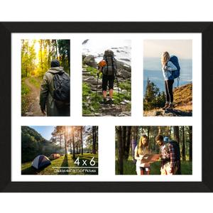 4"x6" Wood Photo Collage Frame 5 Openings, 11"x14" Multi Picture Frame Collage Wall Decor, Brushed Black Frame with White Mat, Solid Pine Wood