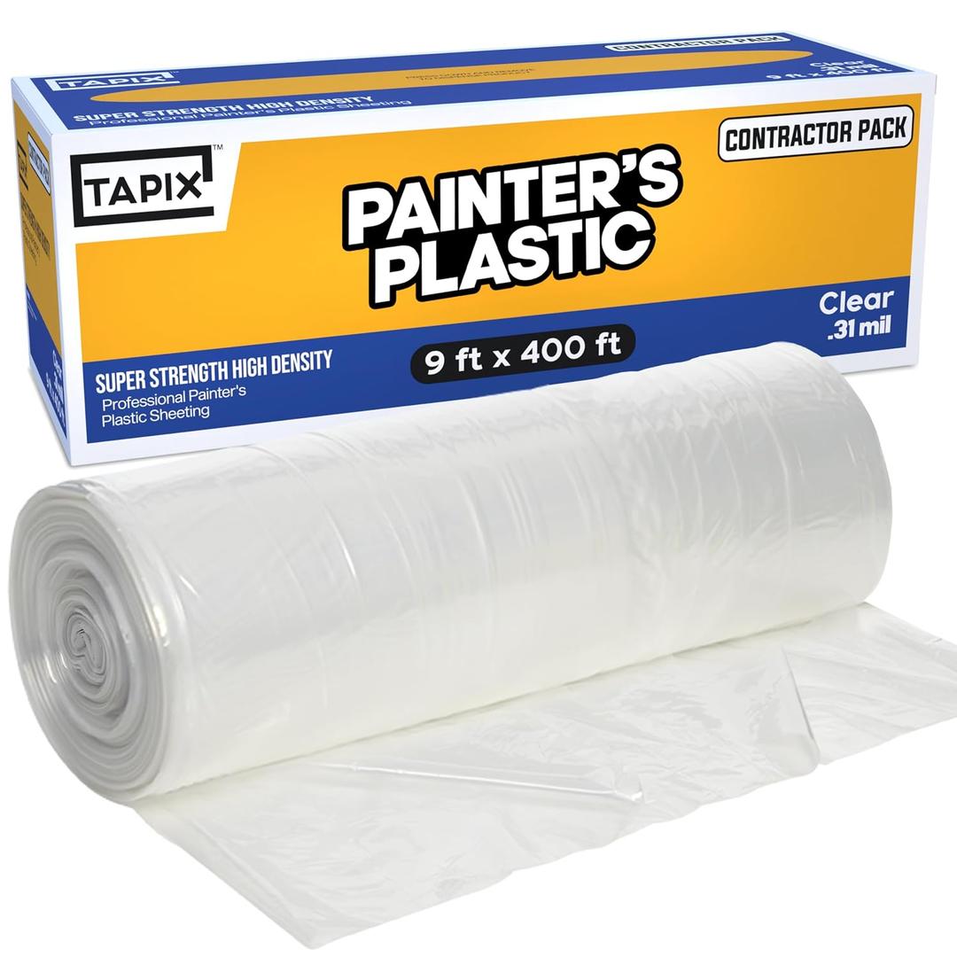 Painter's Plastic Film, 400' Length x 9' Width High, High Density Painters Plastic Sheeting Roll in Box with Dispense Hole for Easy Paint Plastic Covering