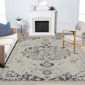 Area Rug 8x10 Washable Rug Gray Vintage Traditional Mat Distressed Indoor Foldable Thin Retro Accent Floral Non Slip Carpet Living Room Dining Room Office