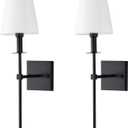 TISLYCO Matte Black Slim Wall Sconces Set of 2 with White Fabric Shades, Indoor Wall Light Column Stand Wall Lamp for Bedroom Living Room Hallway, Vanity Light Fixture