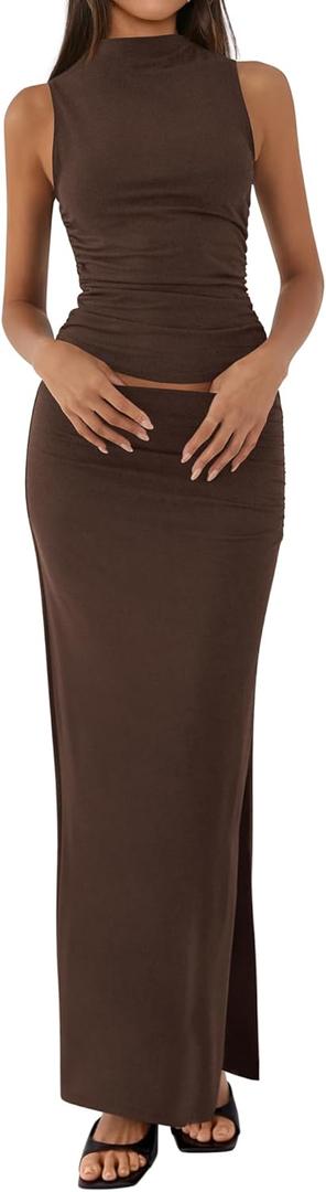 BTFBM Womens Two Piece Outfits Summer Lightweight 2026 Mock Neck Sleeveless Knit Tops Maxi Skirt Set Going Out Dress (Medium, Coffee)