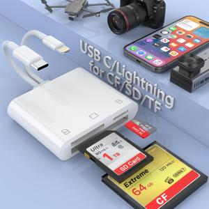 USB C+Lightning to CF/SD/Micro SD Memory Card Reader for iPhone/iPad,Apple Compact Flash Camera to Phone Adapter,Trail Digital Viewer for iPhone 15/14/iPad/MacBook Pro/Air iMac M1/2 Android Galaxy S22 (white)