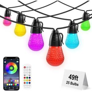 Outdoor String Lights, 49FT RGB Patio Lights with IP66 Waterproof 25 Bulbs,Outdoor String Lights for Outside with App & Remote, Color Changing String Light for Garden Yard Porch Party Decor