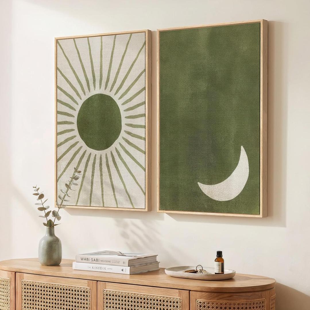 Framed Green Boho Wall Art Bedroom, Set of 2 Abstract Mid Century Modern Sun and Moon Canvas Artwork for Walls, Bohemian Paintings Prints Pictures Wall Decor Living Room Home Office, 16x24 Inch
