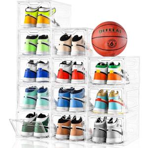 12 Pack Thicken & Sturdy Clear Shoe Storage Organizer with Magnetic Door, Shoe Boxes Clear Plastic Stackable for Closet, Shoe Rack for Sneaker Boot Container, Shoe Cabinet Fit up to US Size 12 (12 Count Fit Size 12)