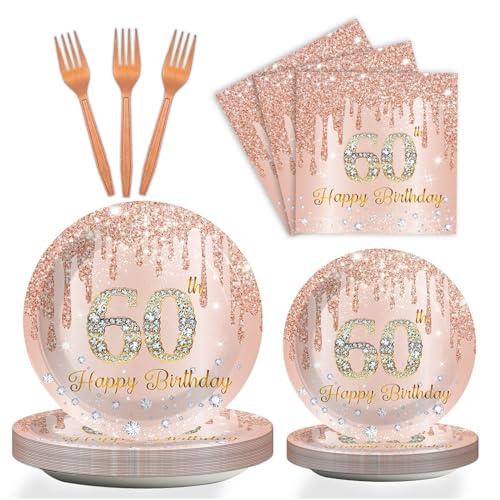 60th Birthday Party Tableware Set for Pink Rose Gold 60th Paper Table Decorations Supplies Pink Rose Gold Happy 60 Birthday Dessert Plates Napkins 24 Guests Women Supplies
