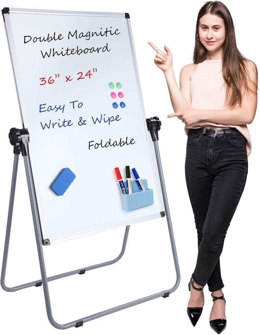 Stand White Board, Double Sided Magnetic Dry Erase Board Height Adjustable Whiteboard with Sturdy Aluminum Frame for Home Office Classroom, 36 x 24 Inch