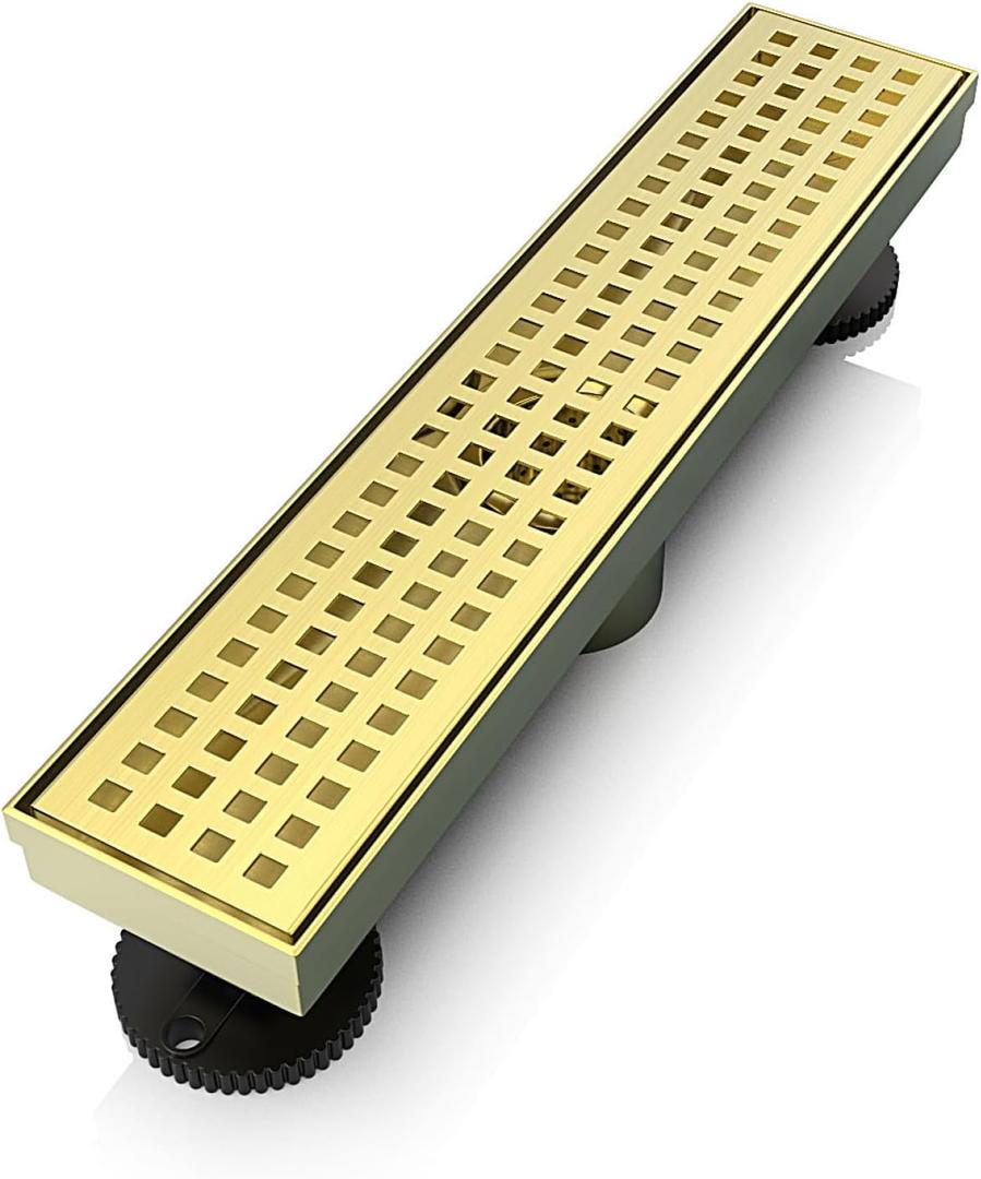 WEBANG 12 Inch Linear Shower Drain Rectangular Floor Drain with Accessories Square Hole Pattern Cover Grate Removable SUS304 Stainless Steel CUPC Certified Brushed Gold