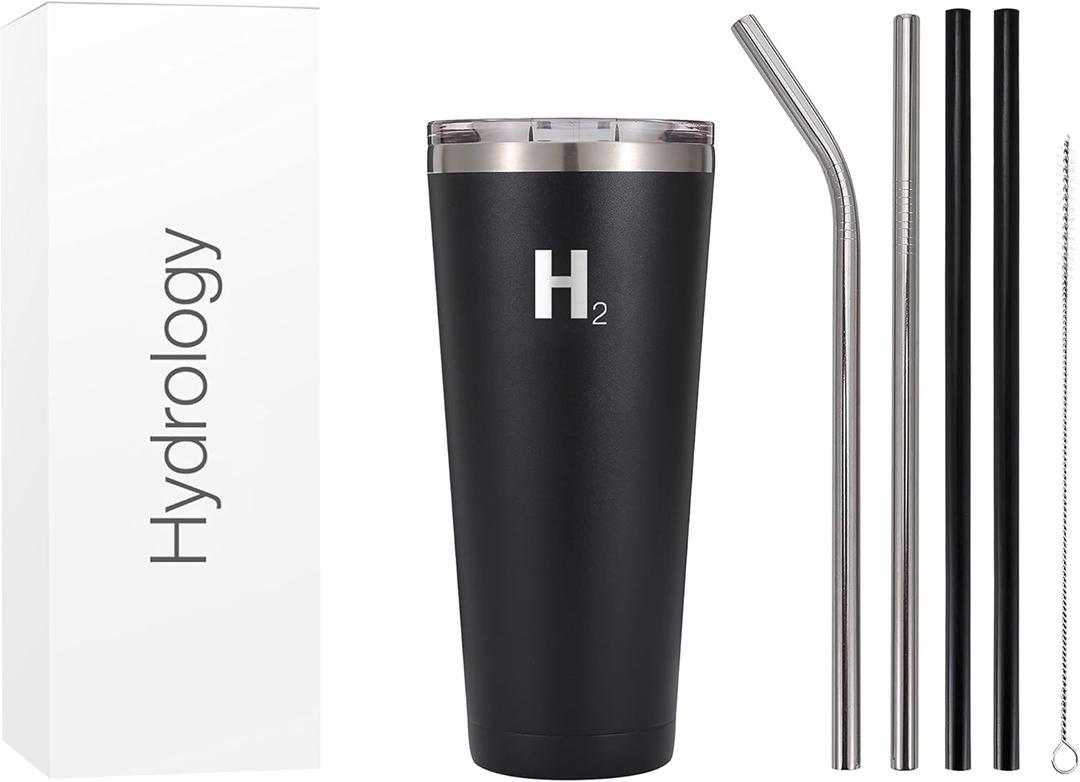 H2 HYDROLOGY Classic Tumbler | Tumbler With Lid and Four Straws | Double Wall Vacuum Insulated & Stainless Steel Water Tumbler | Anti-Slip Tumbler for Coffee, Water, Tea (32 oz, Black)