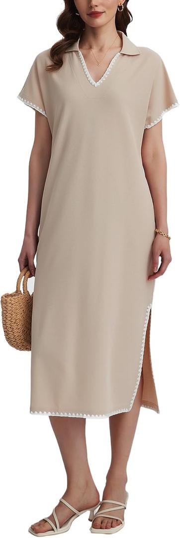 Women's Polo V Neck Midi Dress Short Sleeve RIC Rac Loose Split Long Shirt Dress Khaki (XL)