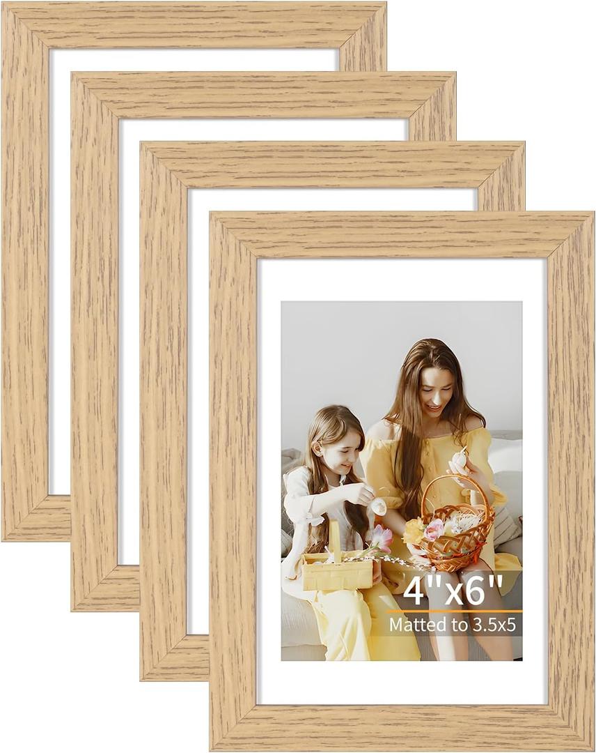 4x6 Picture Frame Set of 4, Displays 3.5x5 with Mat or 4x6 Without Mat, Photo Frames for Wall Hanging or Tabletop, Includes HD Plexiglass, Light Wood Grain