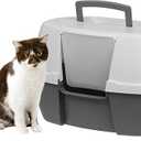 IRIS USA Cat Litter Box, Large Corner Litter Box Enclosure with Scoop, Litter Box with Lid, Handle and Buckles for Portability and Privacy, Gray