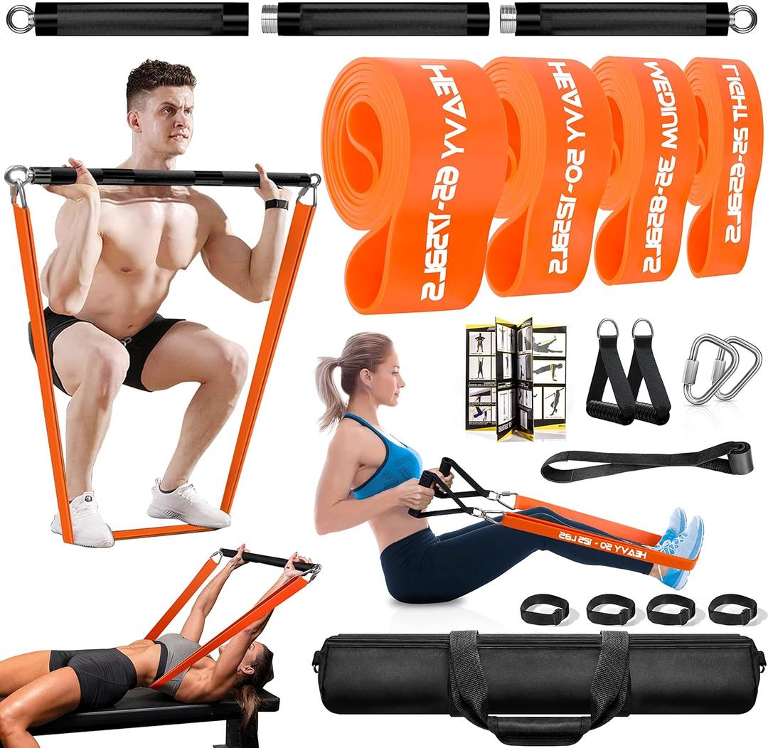 DASKING Resistance Band Bar Set for Home Gym, 500LB Total Resistance with Longer Bar & 4 Stackable Bands, Detachable for Full Body Workouts, Door Anchor, Exercise Guide, 98CM/38.5" Length