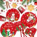 Christmas Paper Plates And Napkins, 144 Pcs Red Christmas Plates Set Snowman Xmas Tree Disposable Tableware for Winter Theme christmas Holiday Supplies, Serves 24