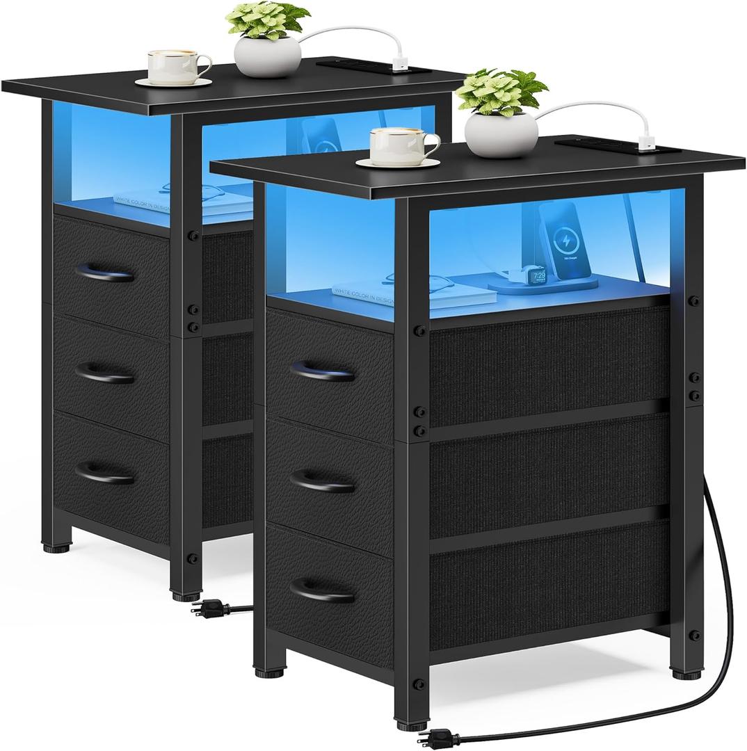 Vagusicc Set of 2 Black Nightstand with Charging Station and LED Lights, Narrow End Table, LED Night Stand with 3 Fabric Drawers for Bedroom, Small Bedside Table, Narrow Side Table for Small Spaces