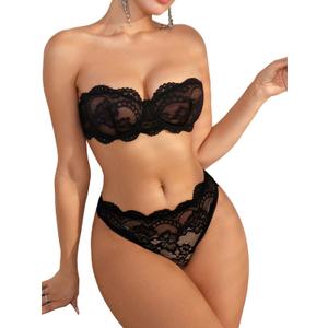 WDIRARA Women's 2 Piece Exotic Lingerie Set Floral Lace Mesh Sheer Strapless Bra and Panty Set (Black,small)