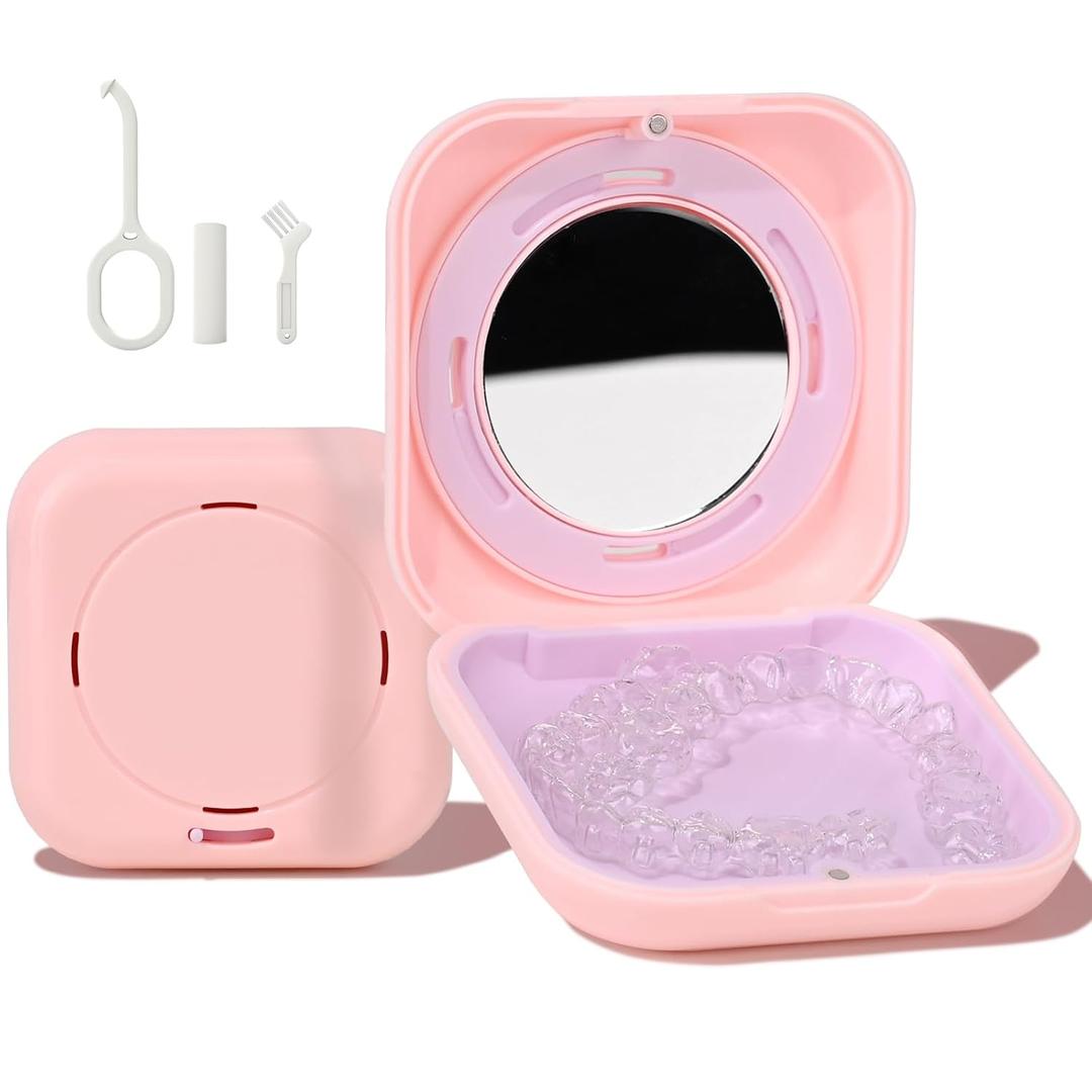 HEMILAB Retainer Case, Slim Aligner Case with Vent Holes, Compatible with Invisalign, Mouth Guard Case with Mirror, Cute Orthodontic Retainer Case with Retainer Removal Tool and Brush, Pink