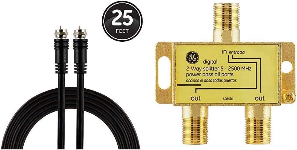 GE RG6 Coaxial Cable (25 Ft.) and GE Digital 2-Way Coaxial Cable Splitter (Black)