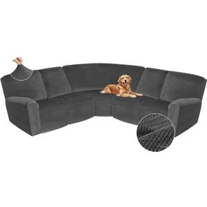 Arfntevss Sectional Recliner Couch Covers Velvet Corner Sectional Sofa Cover for Reclining Stretch Soft L Shape Recliner Slipcover Thick U Shaped Washable Protector (5 Seat Cover, Charcoal Gray)
