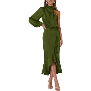 MITILLY Women's Satin Formal One-Shoulder Mock Neck Long Sleeve Bodycon Wrap Mermaid Hem Cocktail Party Maxi Dress Medium Dark Green
