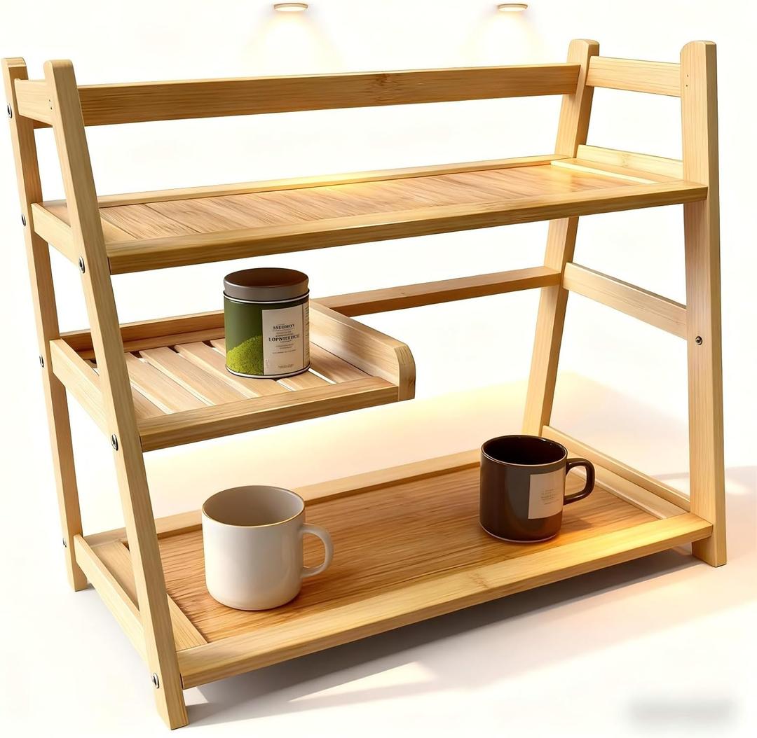 Bamboo Matcha Station Organizer - Large Capacity 3-Tier Shelf, Easy to Install for Matcha and Coffee Bar Accessories, Perfect for Tea and Coffee Enthusiasts.(Wood, Large)