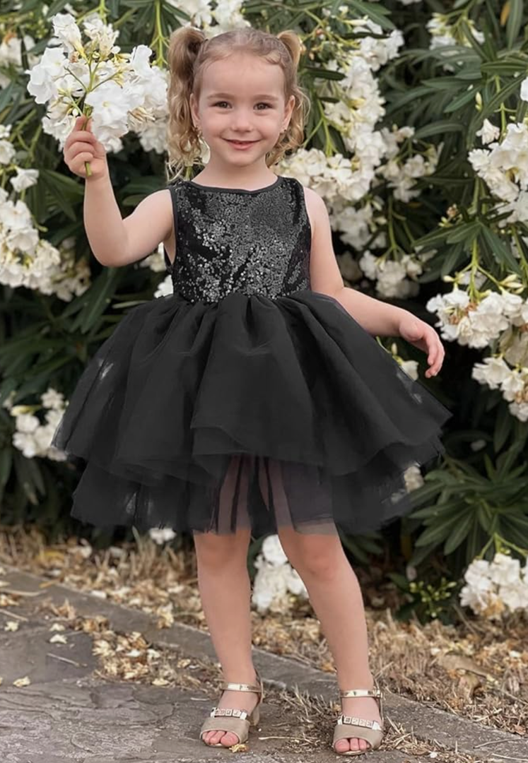 AGQT Baby Girls Dresses Flower Girl Dress Sequins Tutu Dress Sleeveless Kids Princess Birthday Dresses (Black, 90)