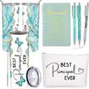 Domensi 6 Pcs Principal Appreciation Gift Set for Women Men Back to School Thank You Gift 20oz Rustic Butterfly Marble Sign Tumbler Makeup Bag Journal for School Principal Retirement(Green)