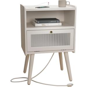 Mid Century Modern Nightstand with Charging Station, Bedside Tables with Glass Decorative Door, End Table Side Table with 2 Tiers Storage Space, for Bedroom, Living Room, White (Hinged Door, White)