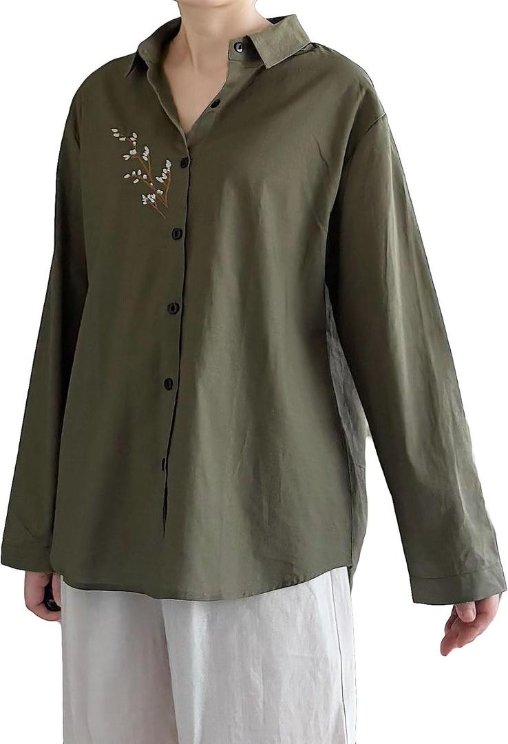 Minibee Women's Cotton Linen Button Down Shirts Long Sleeve Embroidered Blouses Casual Loose Fit Tunic Tops (Green, XXL)
