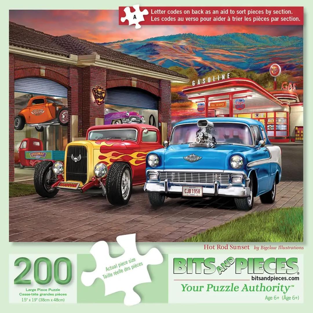 Bits and Pieces 200 Piece Puzzles for Adults - Hot Rod Sunset - 200 Extra Large Pieces 15" x 19" Jigsaw Puzzles, Classic Cards Hot Rods, No 2 Pieces Alike
