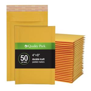 Quality Park Bubble Mailers, 4 x 8 Shipping Envelopes, Self-Seal, Small Kraft Padded Envelopes, Redi-Strip Peel Off Closure, 50 Per Box (QUA85928)